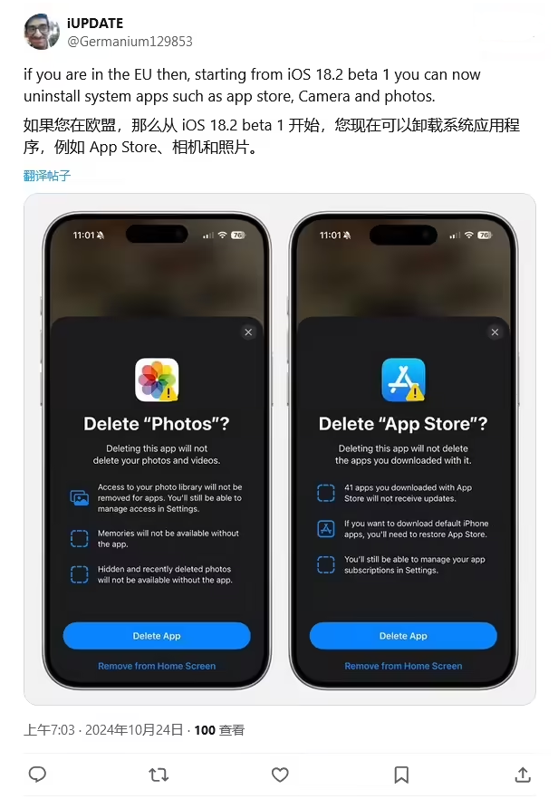 石狮苹果手机维修分享iOS 18.2 支持删除 App Store 应用商店 