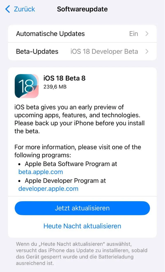 石狮苹果手机维修分享苹果 iOS / iPadOS 18 开发者预览版 Beta 8 发布 